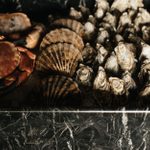 Crabs, mussels and oysters on a marble counter